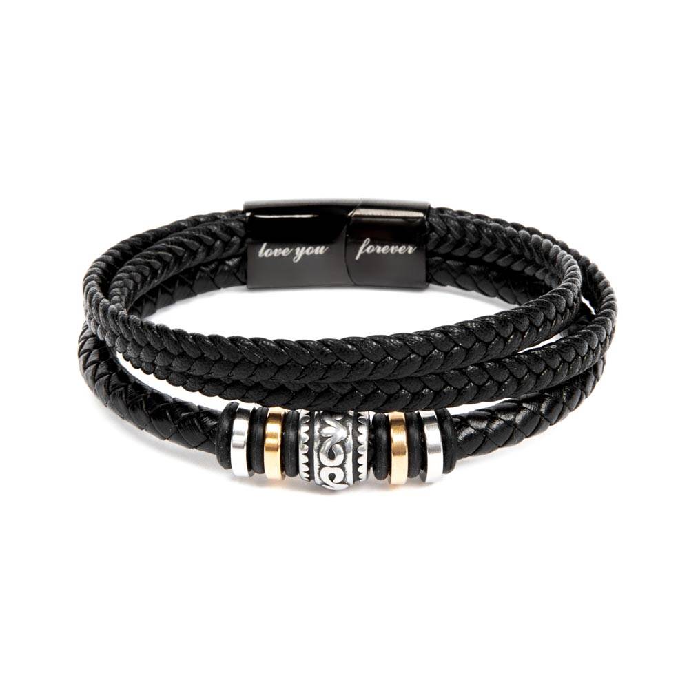 Men's multi-strand bracelet featuring a layered design with intricate details, worn on the wrist to showcase its modern and stylish appearance.