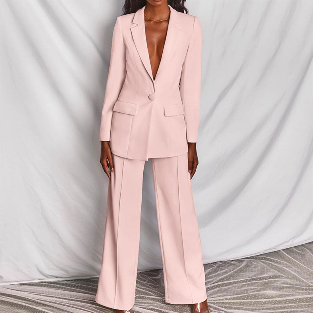 Elegant women's tailored suit set featuring a blazer and matching trousers, designed for a formal and sophisticated look.