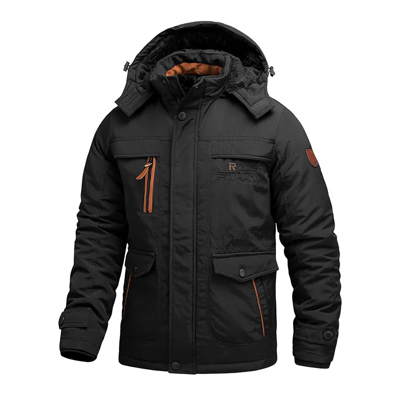 A men's insulated jacket with a durable design, featuring multiple pockets, a warm hood, and sturdy construction for outdoor adventures and cold-weather protection.