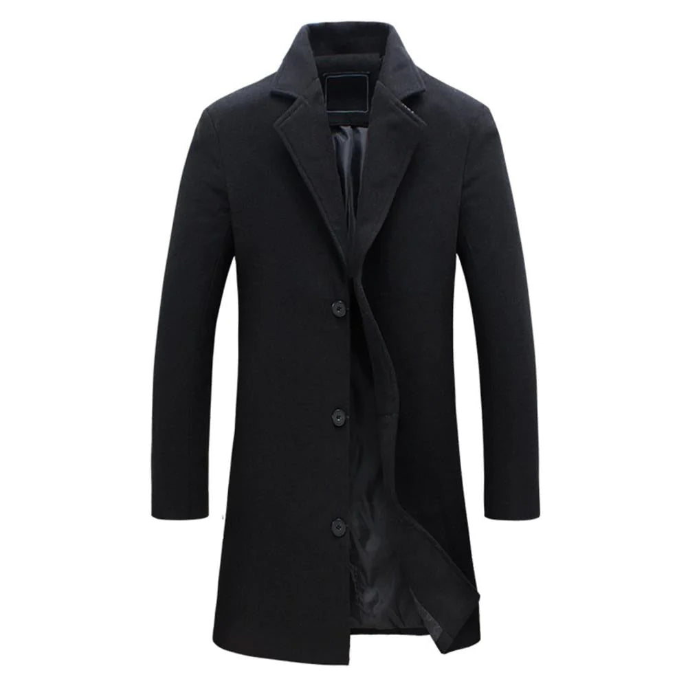 Long tailored overcoat with button closure, designed for a sleek and timeless look, displayed on a neutral background.