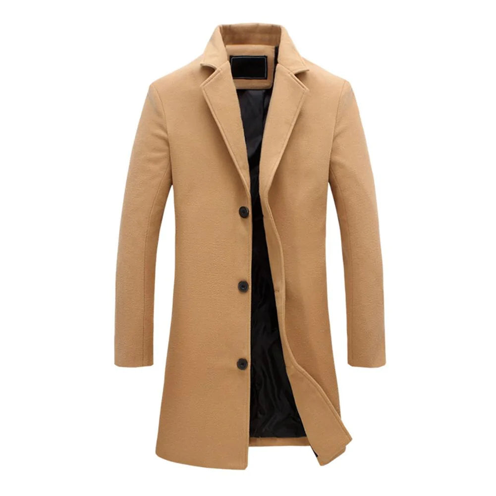 Long tailored overcoat with button closure, designed for a sleek and timeless look, displayed on a neutral background.