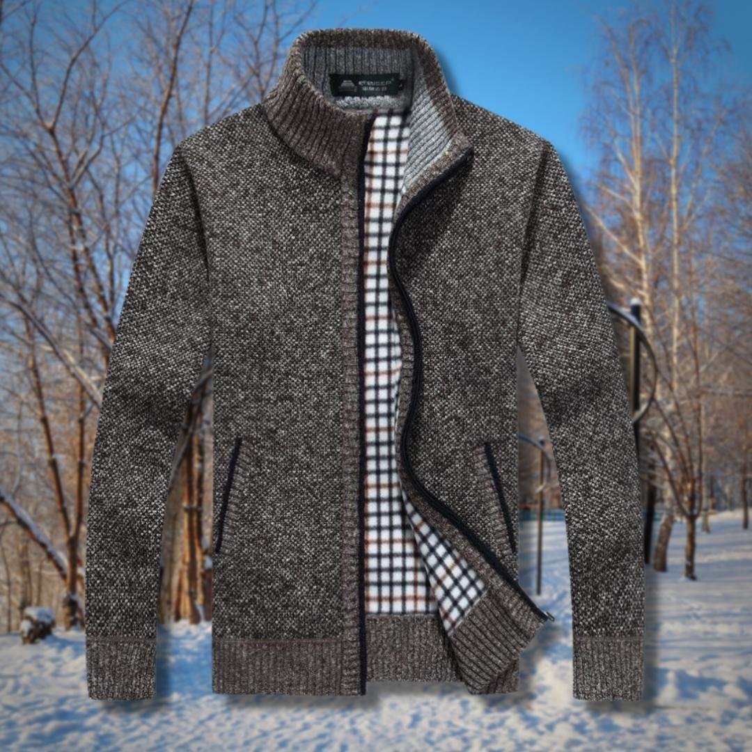A men's fleece-lined jacket with a classic design, featuring a zip-up front, soft inner lining, and stylish pattern, perfect for warmth and comfort during colder seasons.