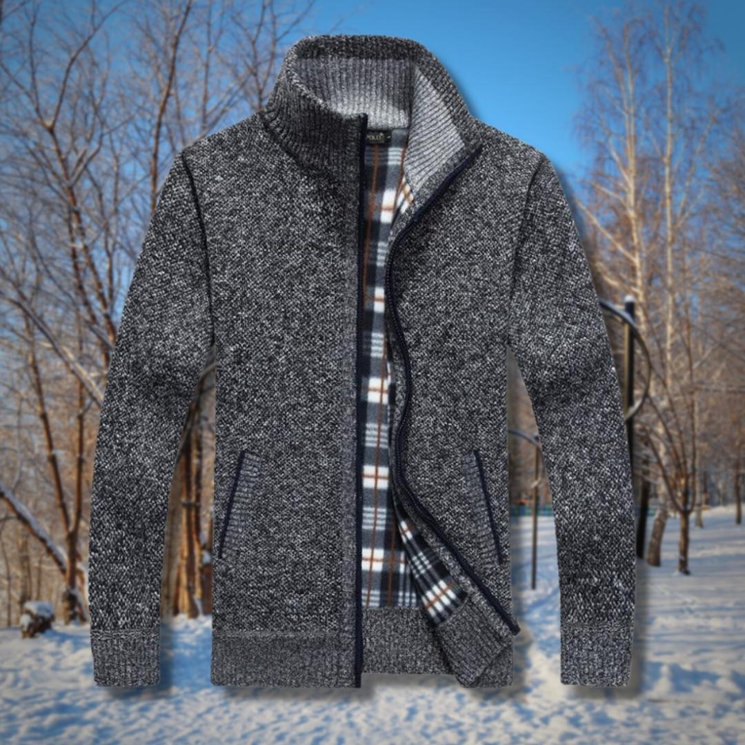 A men's fleece-lined jacket with a classic design, featuring a zip-up front, soft inner lining, and stylish pattern, perfect for warmth and comfort during colder seasons.