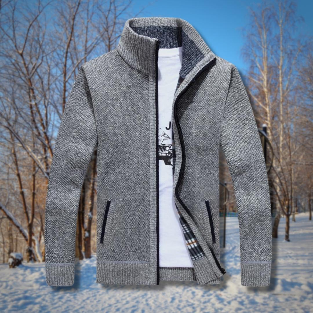 A men's fleece-lined jacket with a classic design, featuring a zip-up front, soft inner lining, and stylish pattern, perfect for warmth and comfort during colder seasons.