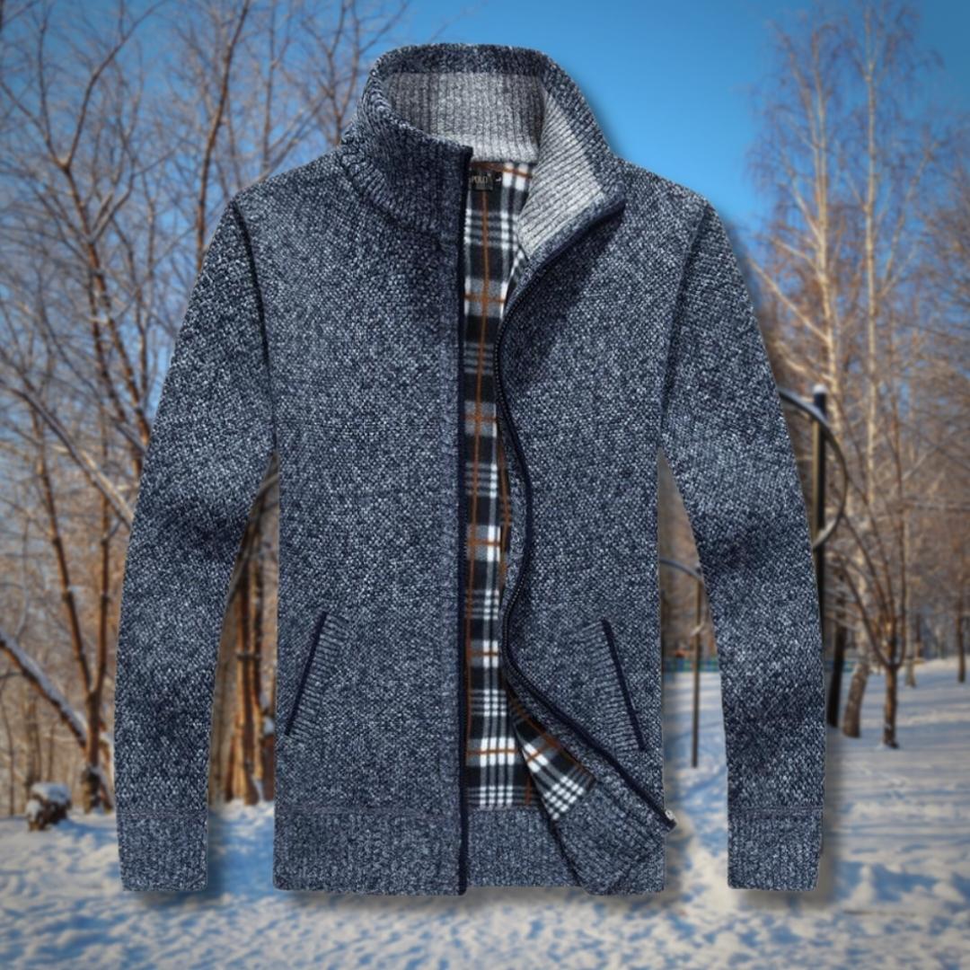 A men's fleece-lined jacket with a classic design, featuring a zip-up front, soft inner lining, and stylish pattern, perfect for warmth and comfort during colder seasons.