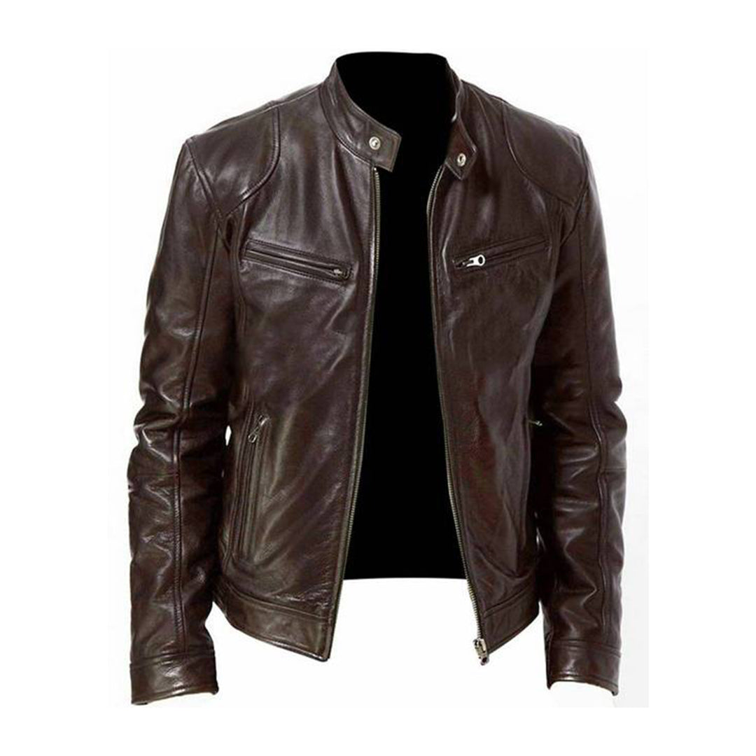 A men's sleek leather jacket featuring a modern design with zippered details and a tailored fit, perfect for casual outings or adding sophistication to any outfit.