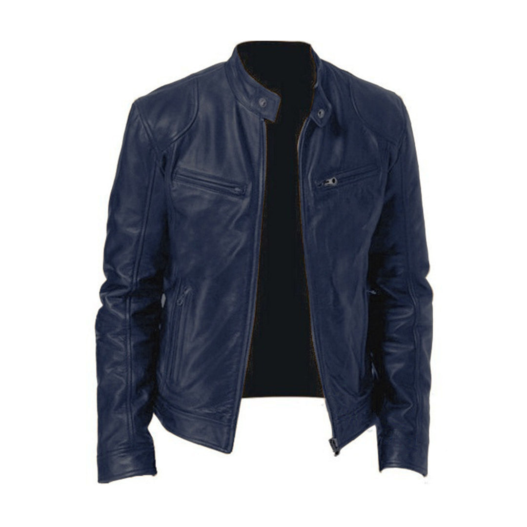 A men's sleek leather jacket featuring a modern design with zippered details and a tailored fit, perfect for casual outings or adding sophistication to any outfit.