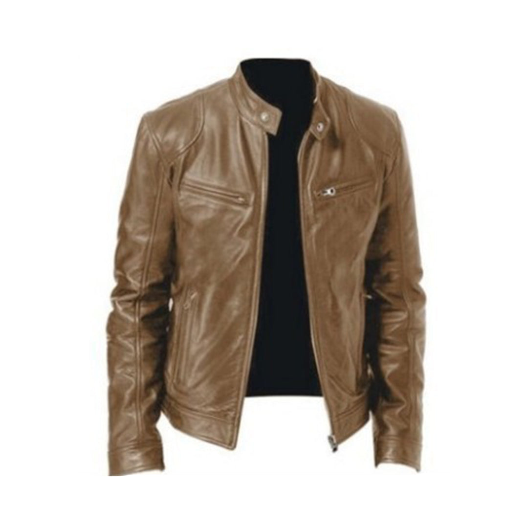 A men's sleek leather jacket featuring a modern design with zippered details and a tailored fit, perfect for casual outings or adding sophistication to any outfit.
