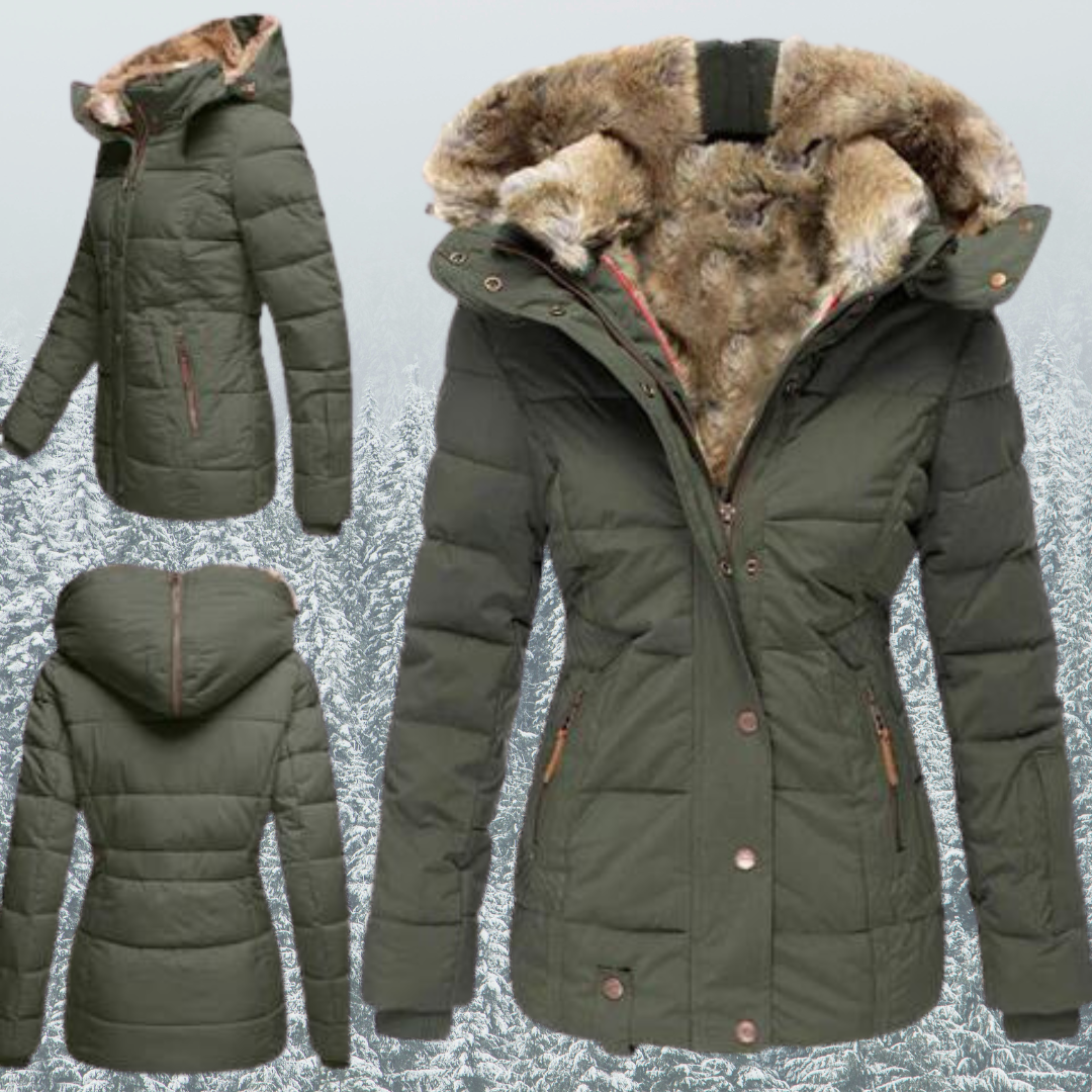 A women's insulated winter jacket featuring a functional design with a fur-lined hood, multiple pockets, and a flattering fit, ideal for cold-weather protection and stylish outdoor wear.
