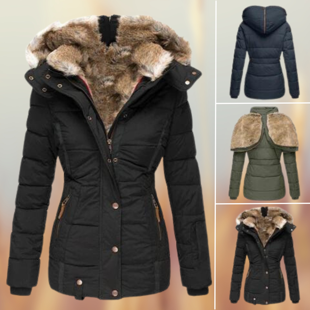 A women's insulated winter jacket featuring a functional design with a fur-lined hood, multiple pockets, and a flattering fit, ideal for cold-weather protection and stylish outdoor wear.