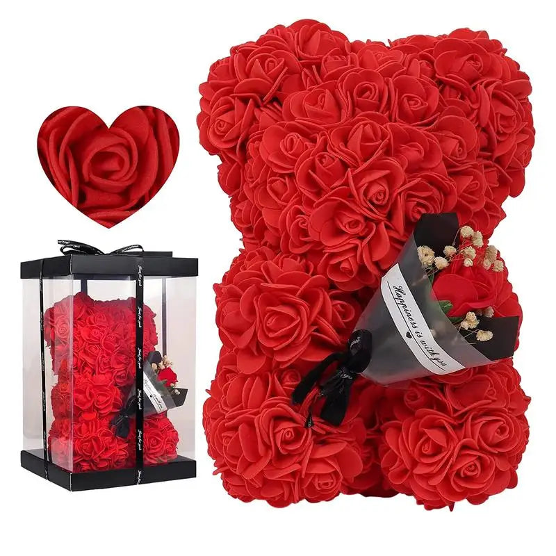 A decorative flower bear crafted from intricate faux roses, presented with an elegant bouquet and housed in a stylish gift box, perfect for special occasions or as a timeless keepsake.