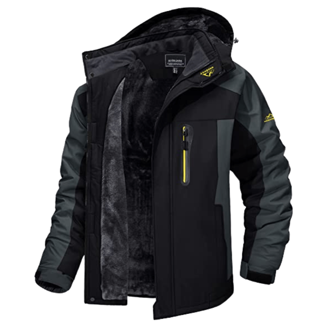 A men's waterproof jacket designed for outdoor use, featuring a durable insulated lining, multiple functional pockets, and an adjustable hood for maximum protection and comfort in harsh weather conditions.