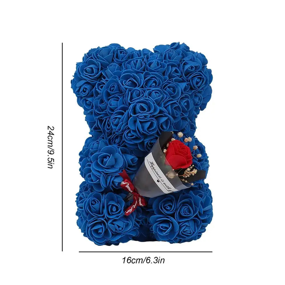 A decorative flower bear crafted from intricate faux roses, presented with an elegant bouquet and housed in a stylish gift box, perfect for special occasions or as a timeless keepsake.