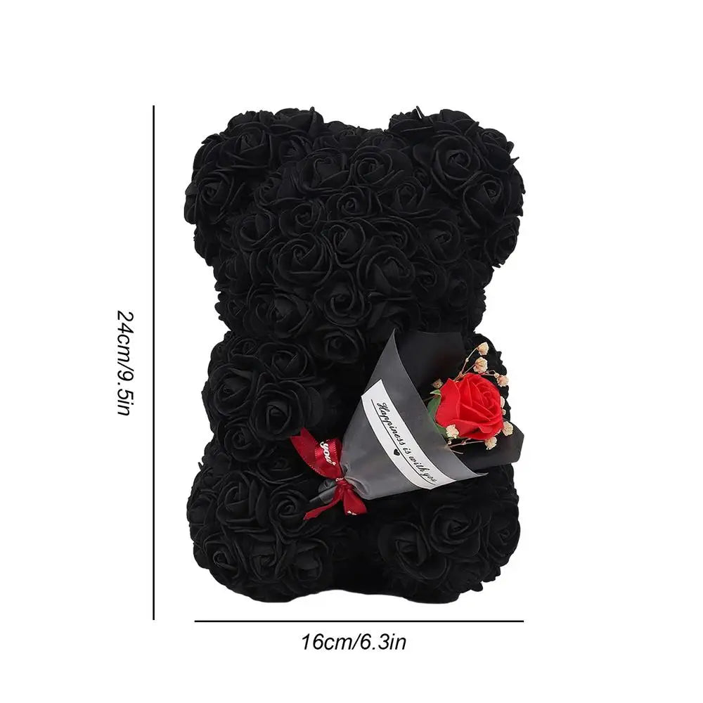 A decorative flower bear crafted from intricate faux roses, presented with an elegant bouquet and housed in a stylish gift box, perfect for special occasions or as a timeless keepsake.