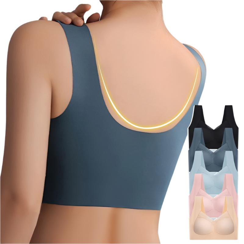 Close-up view of a women's seamless bra with wide straps and supportive design, highlighting its smooth and comfortable fit.