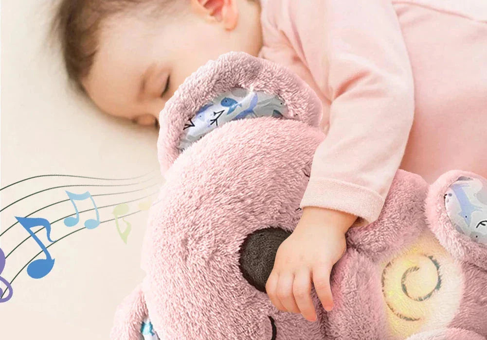 A cuddly musical plush toy with a soothing design, featuring gentle melodies and a soft, huggable texture, perfect for comforting babies during naptime or playtime.
