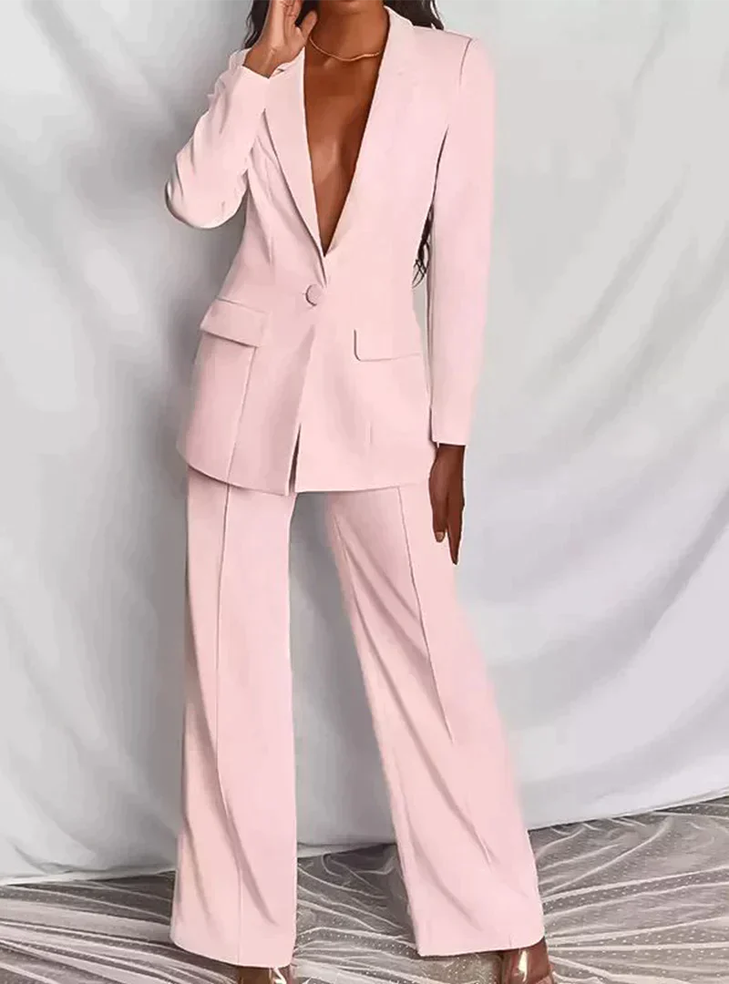 A women's tailored suit set featuring a sleek blazer and wide-leg trousers, designed with an elegant and modern fit, perfect for professional settings or stylish events.