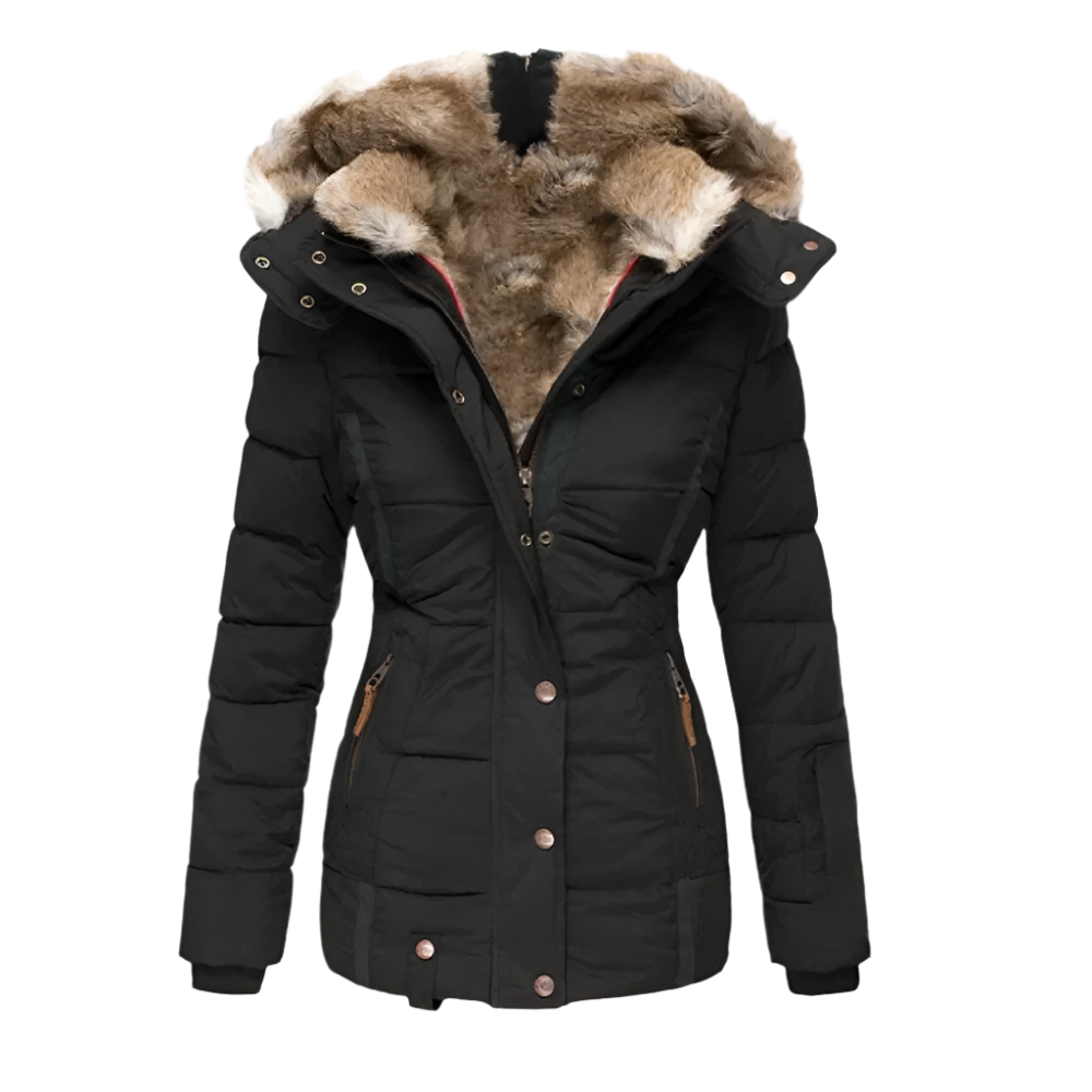 A women's puffer jacket featuring a cozy faux fur lining, a stylish hood, and secure zippered pockets, designed for warmth and comfort during winter outings.