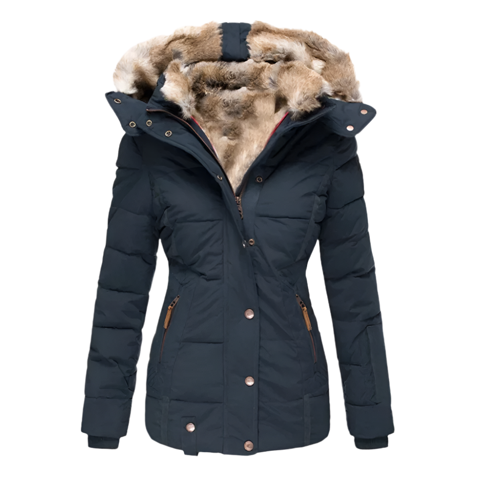 A women's puffer jacket featuring a cozy faux fur lining, a stylish hood, and secure zippered pockets, designed for warmth and comfort during winter outings.
