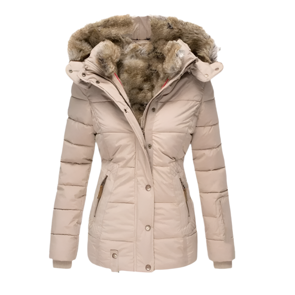 A women's puffer jacket featuring a cozy faux fur lining, a stylish hood, and secure zippered pockets, designed for warmth and comfort during winter outings.