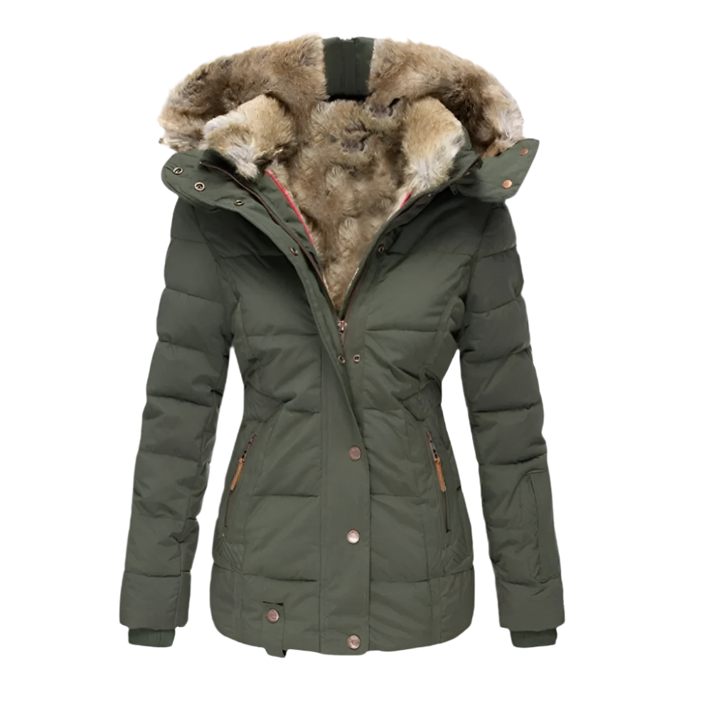 A women's puffer jacket featuring a cozy faux fur lining, a stylish hood, and secure zippered pockets, designed for warmth and comfort during winter outings.