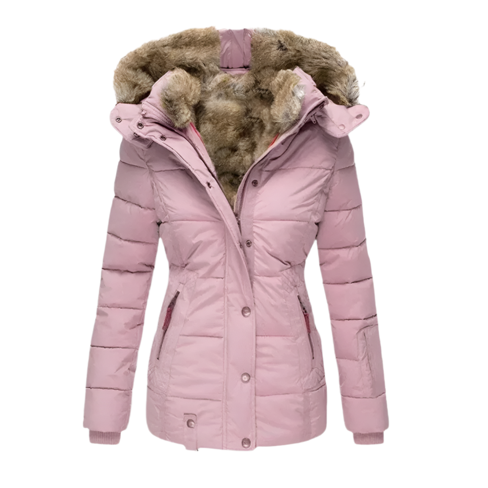 A women's puffer jacket featuring a cozy faux fur lining, a stylish hood, and secure zippered pockets, designed for warmth and comfort during winter outings.