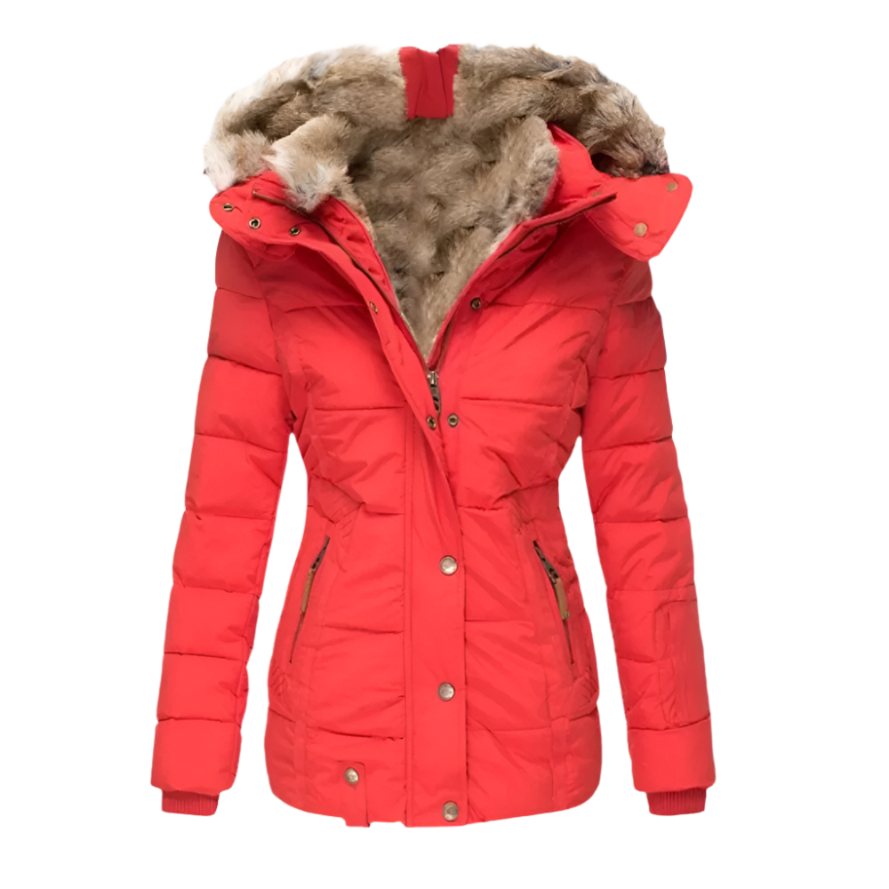 A women's puffer jacket featuring a cozy faux fur lining, a stylish hood, and secure zippered pockets, designed for warmth and comfort during winter outings.