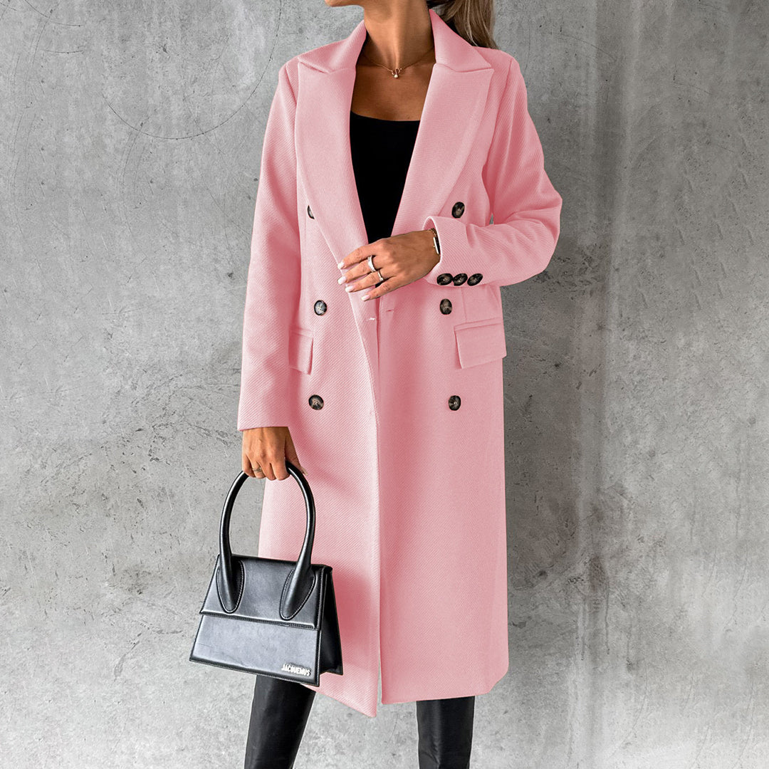 Women's classic long coat featuring a tailored fit, double-breasted buttons, and a chic design, perfect for casual and formal occasions.