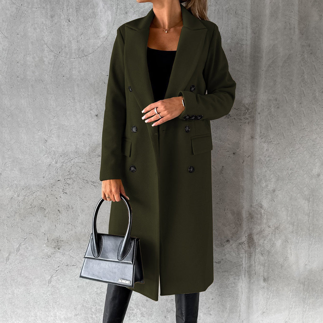 Women's classic long coat featuring a tailored fit, double-breasted buttons, and a chic design, perfect for casual and formal occasions.