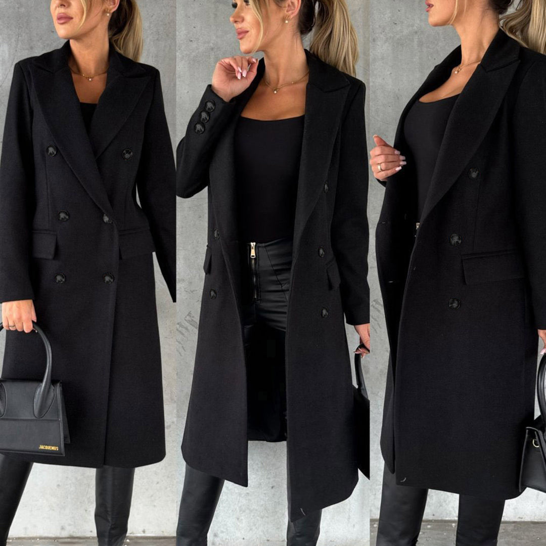 Women's classic long coat featuring a tailored fit, double-breasted buttons, and a chic design, perfect for casual and formal occasions.