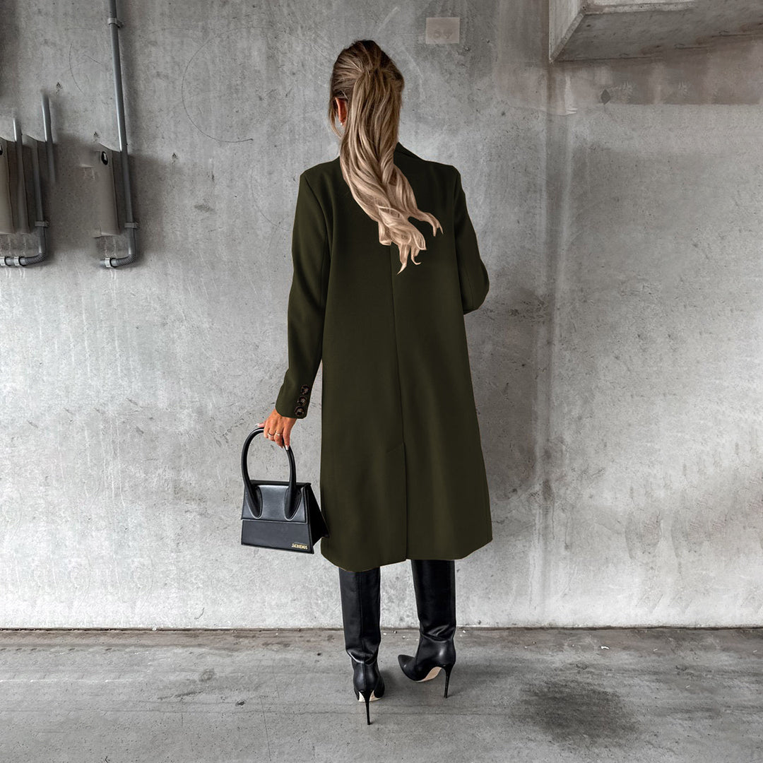 Women's classic long coat featuring a tailored fit, double-breasted buttons, and a chic design, perfect for casual and formal occasions.