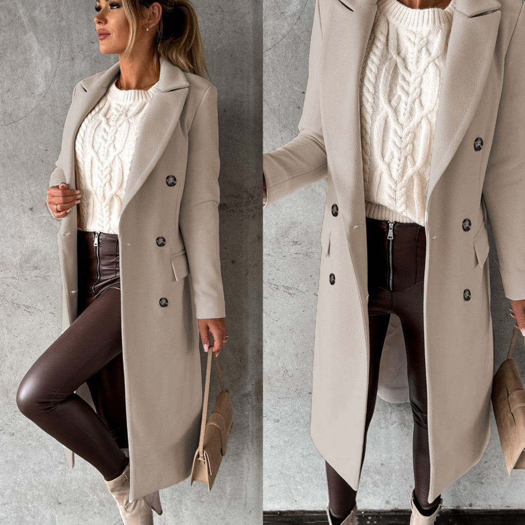 Women's classic long coat featuring a tailored fit, double-breasted buttons, and a chic design, perfect for casual and formal occasions.