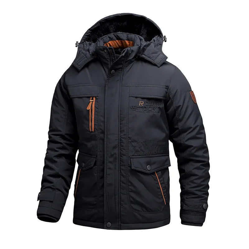 A men's insulated jacket with a durable design, featuring multiple pockets, a warm hood, and sturdy construction for outdoor adventures and cold-weather protection.