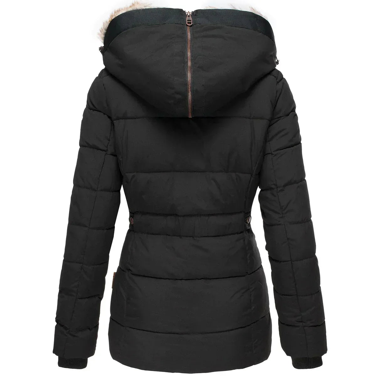 Stylish women's insulated jacket featuring a fur-lined hood, zip-up front, and multiple pockets, perfect for winter wear and outdoor adventures.