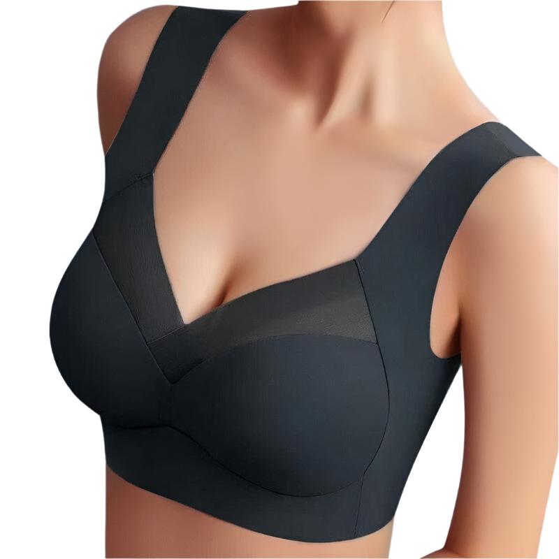 Close-up view of a women's seamless bra with wide straps and supportive design, highlighting its smooth and comfortable fit.