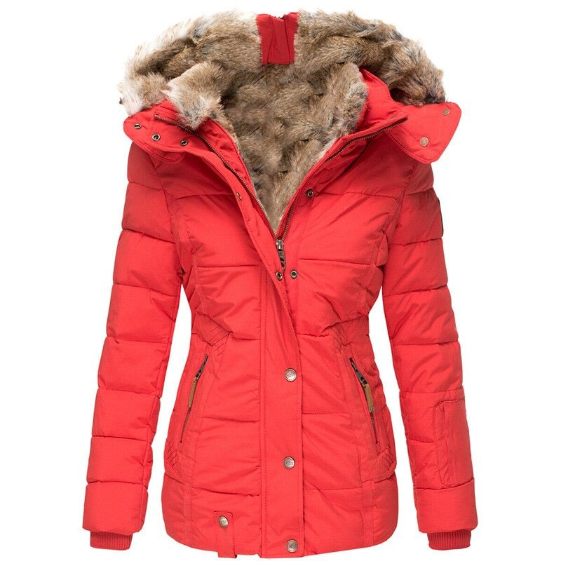 A women's insulated winter jacket featuring a functional design with a fur-lined hood, multiple pockets, and a flattering fit, ideal for cold-weather protection and stylish outdoor wear.