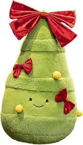 A plush tree decoration with a star on top, designed for festive home decor, placed on a wooden table near a minimalist calendar and decorative frame.