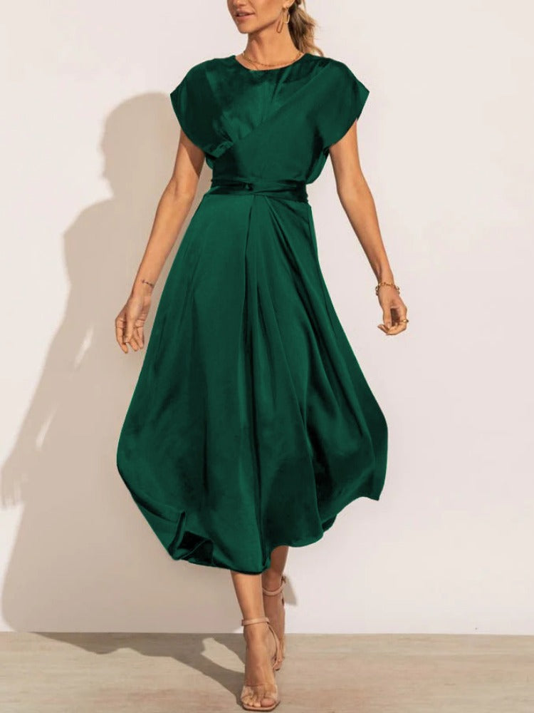 A graceful women's satin wrap dress with an elegant flow, featuring a flattering silhouette and luxurious fabric, perfect for formal occasions or special events.