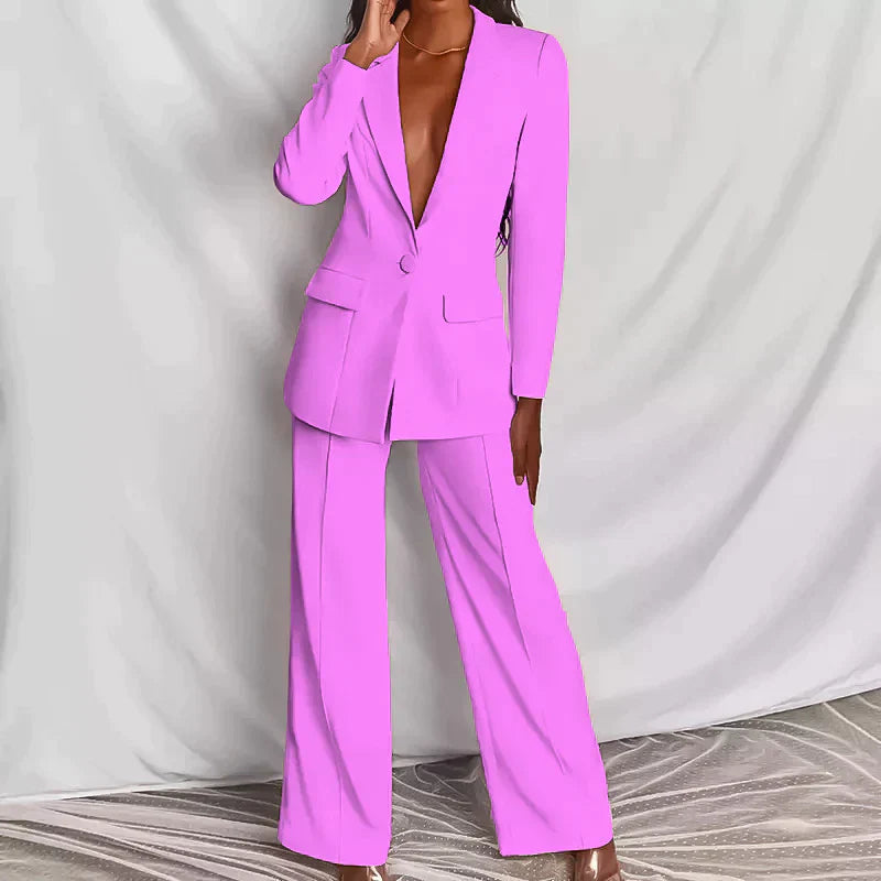 A women's tailored suit set featuring a sleek blazer and wide-leg trousers, designed with an elegant and modern fit, perfect for professional settings or stylish events.