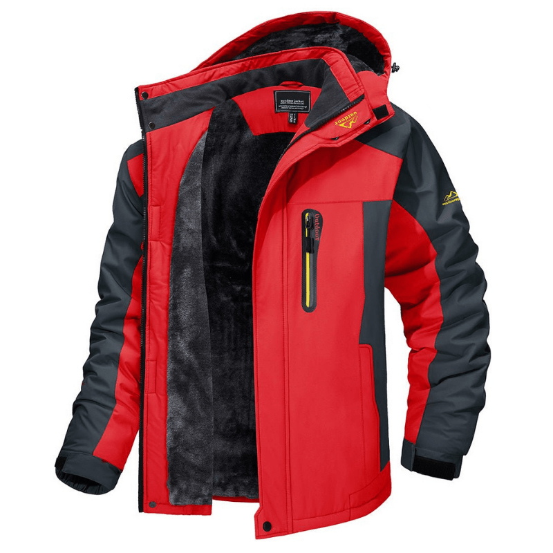 A men's waterproof jacket designed for outdoor use, featuring a durable insulated lining, multiple functional pockets, and an adjustable hood for maximum protection and comfort in harsh weather conditions.
