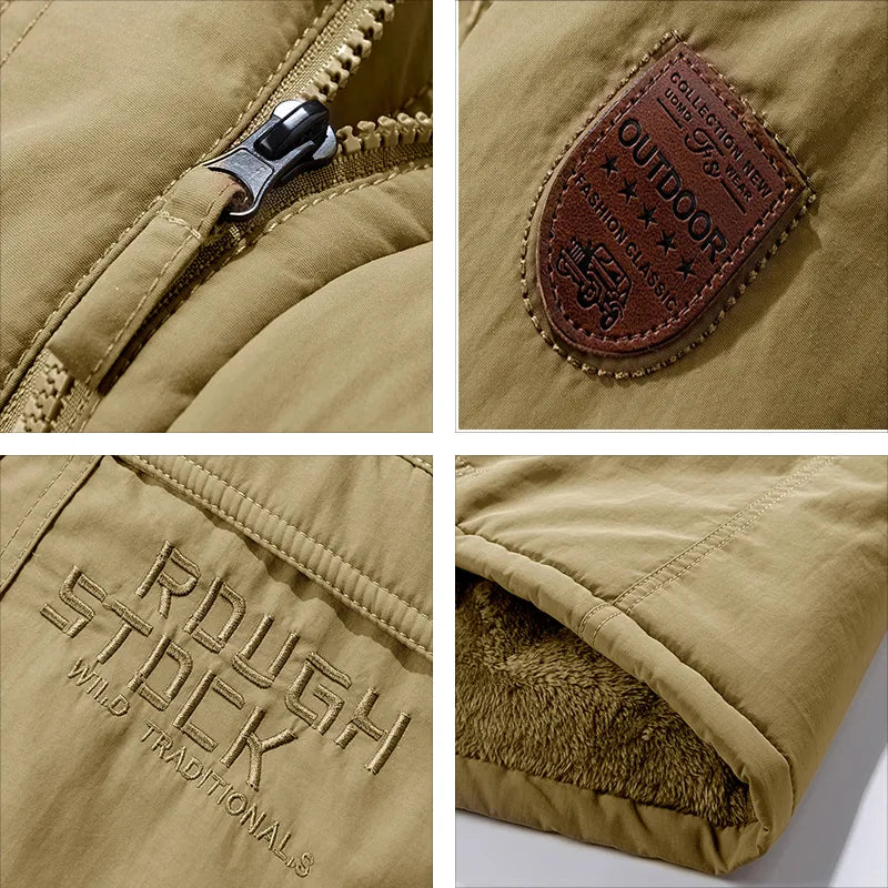 A men's insulated jacket with a durable design, featuring multiple pockets, a warm hood, and sturdy construction for outdoor adventures and cold-weather protection.