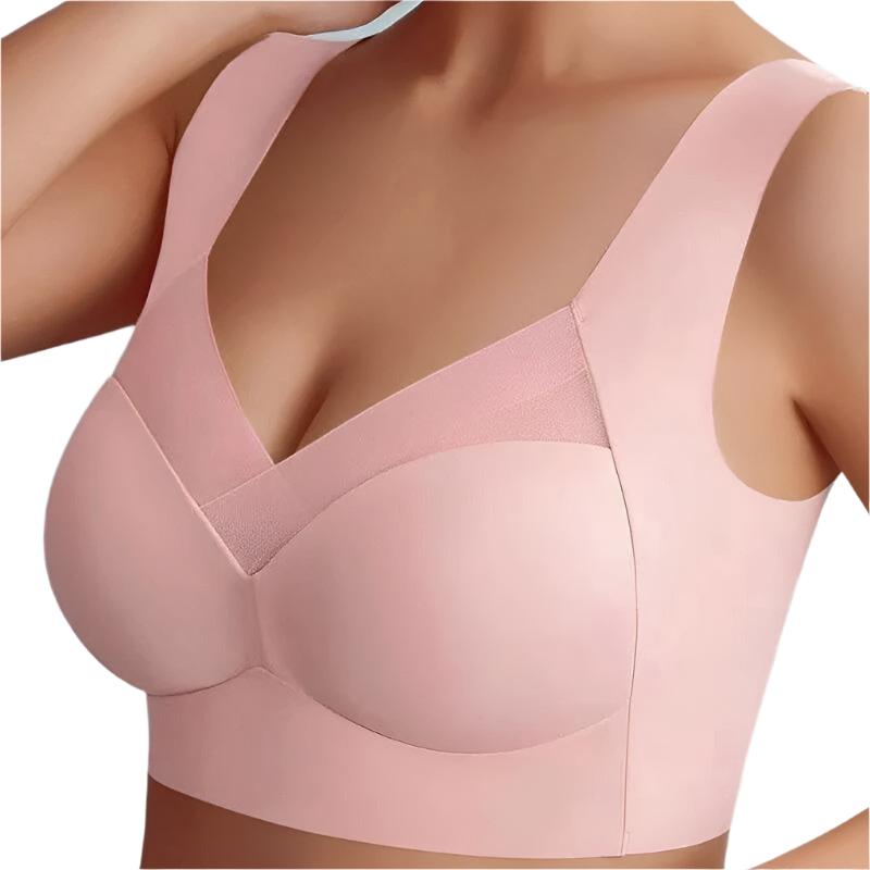 Close-up view of a women's seamless bra with wide straps and supportive design, highlighting its smooth and comfortable fit.