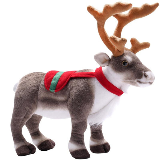 Festive plush reindeer set featuring two reindeer stacked playfully, displayed in a holiday-themed setting with decorations and gifts.