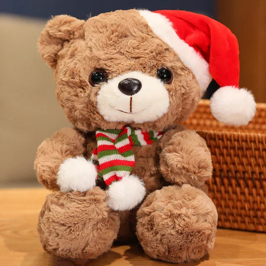 Adorable plush bear set wearing festive hats and scarves, perfect for holiday decorations or as cuddly gifts, displayed on a table with a cozy setup.