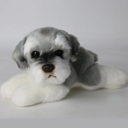 A plush dog toy with a realistic design, featuring lifelike details and a soft, huggable texture, perfect for cuddling, playtime, or as a decorative piece for dog lovers.