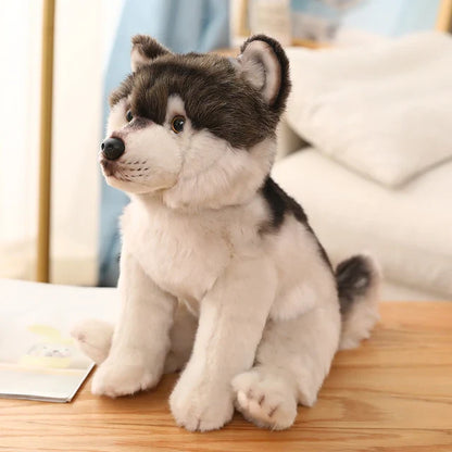 A plush dog toy with a realistic design, featuring lifelike details and a soft, huggable texture, perfect for cuddling, playtime, or as a decorative piece for dog lovers.