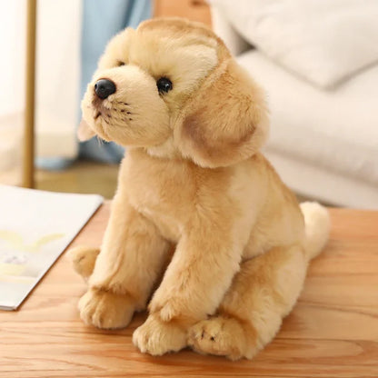 A plush dog toy with a realistic design, featuring lifelike details and a soft, huggable texture, perfect for cuddling, playtime, or as a decorative piece for dog lovers.