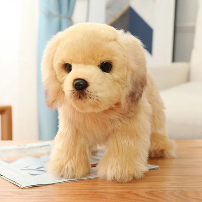A plush dog toy with a realistic design, featuring lifelike details and a soft, huggable texture, perfect for cuddling, playtime, or as a decorative piece for dog lovers.