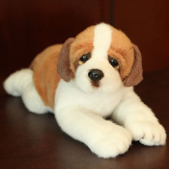 A plush dog toy with a realistic design, featuring lifelike details and a soft, huggable texture, perfect for cuddling, playtime, or as a decorative piece for dog lovers.