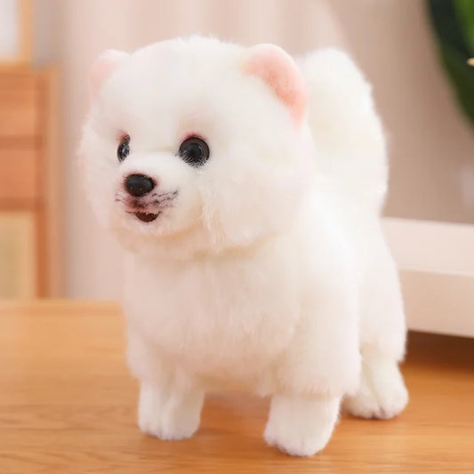 A plush dog toy with a realistic design, featuring lifelike details and a soft, huggable texture, perfect for cuddling, playtime, or as a decorative piece for dog lovers.